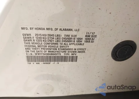 2017 Honda Pilot Ex z USA, uszkodzony, nr VIN 5FNYF5H30HB045773